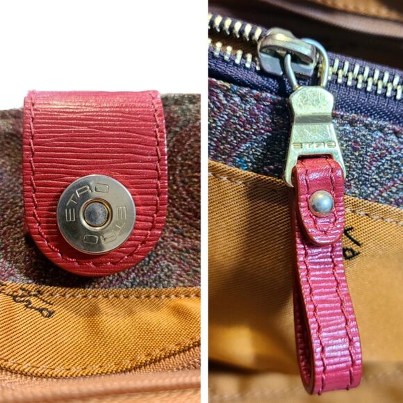 Etro (Authentic) Paisley Print Coated Canvas & Coral Pink Leather Large Bag VGUC - Picture 7 of 12